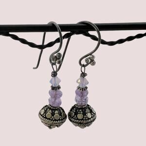 Purple Beaded Drop Earrings on Oxidized Sterling Silver Wires